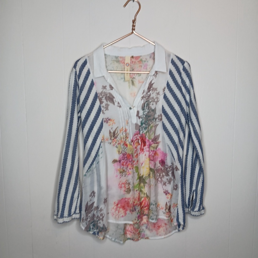 Anthropologie Cyrena Blouse M Multicolor Floral Striped Beach Boho Resort